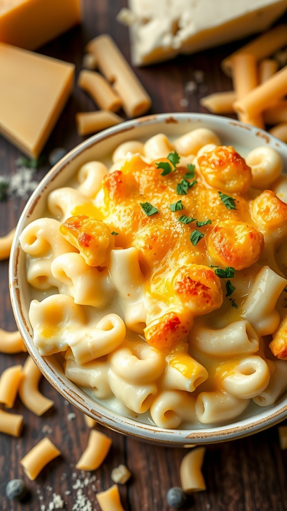 A bowl of nine-cheese mac and cheese with a golden-brown crust and topped with parsley on a rustic table.